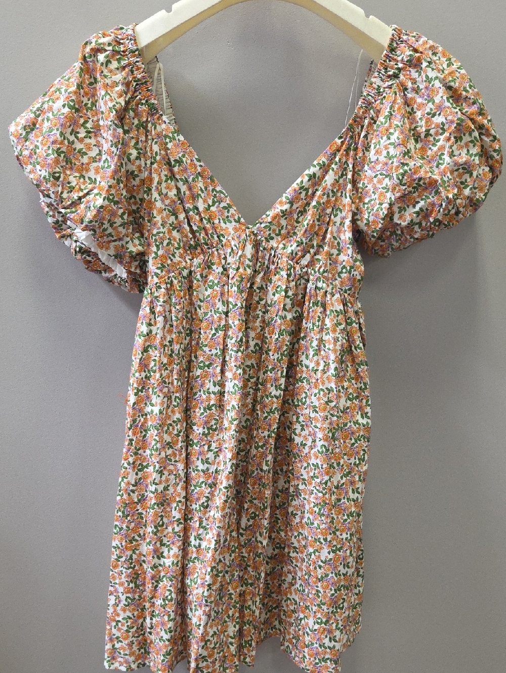 Floral Puff-Sleeve V-Neck Women's Dresd - Orange/Green